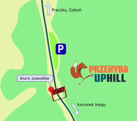 Mapa sytuacyjna - biuro zawodów i start - Przehyba Uphill